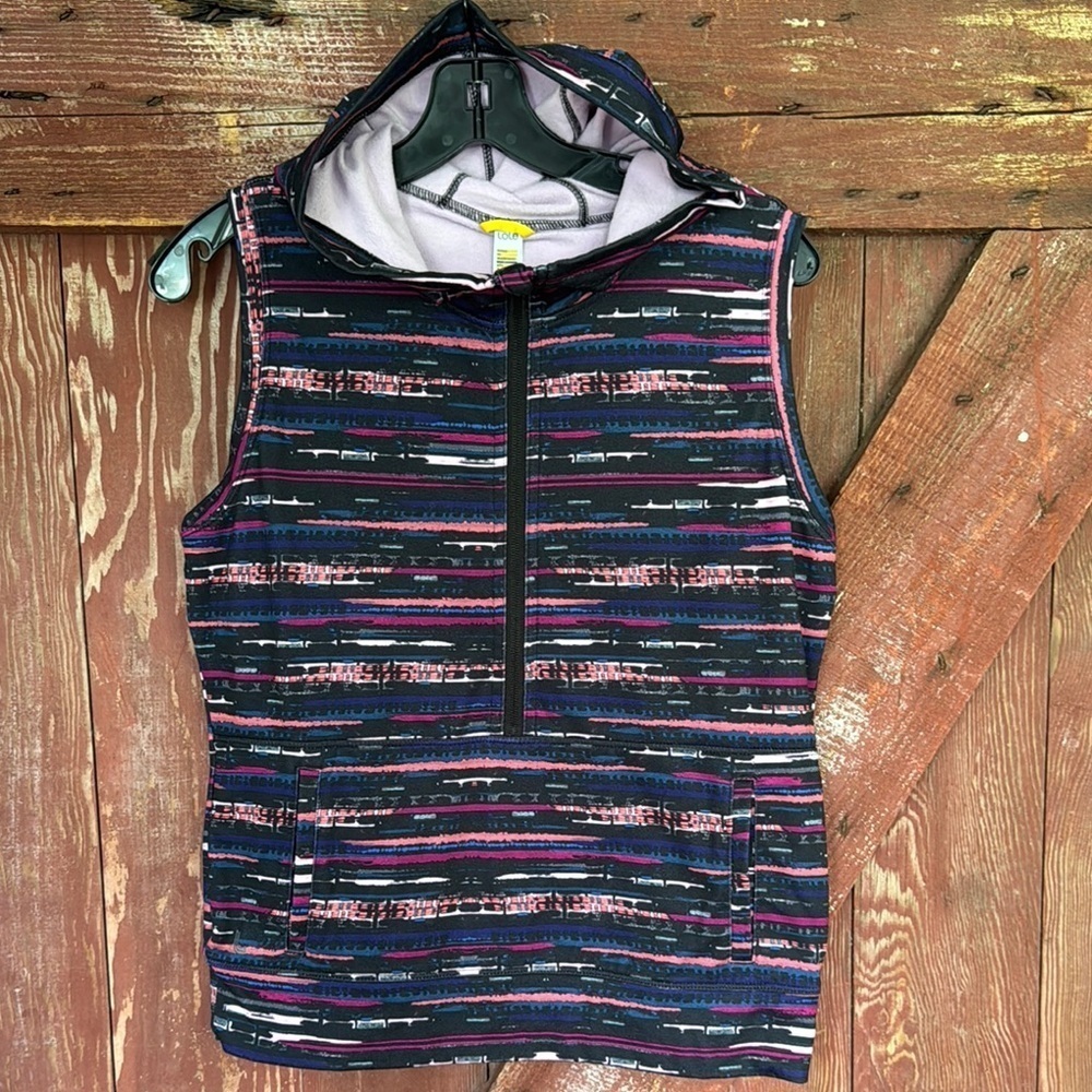 Lole black multi broken stripe fleece lined 1/2 zip hoodie vest. Medium.